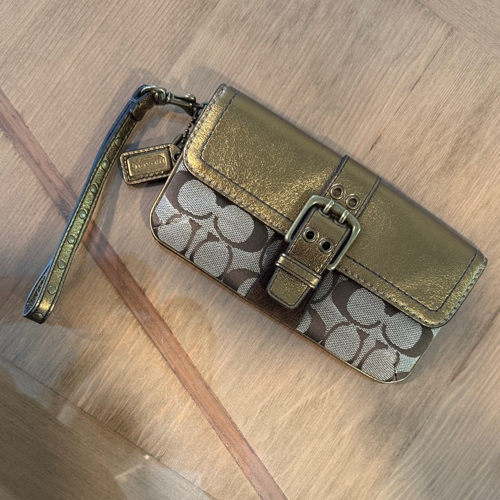 COACH Gold and Beige Wristlet with Buckle